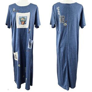 Vintage Cover Charge 100% Cotton Blue Patch Pocket Midi Dress Boho Whimsical